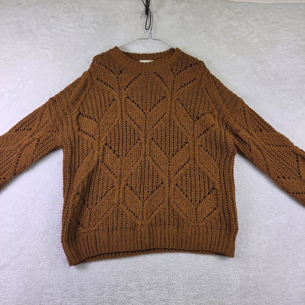 ILLA ILLA Womens Brown Open Knit Pointelle Sweater Crew Neck Slouchy Boho Small